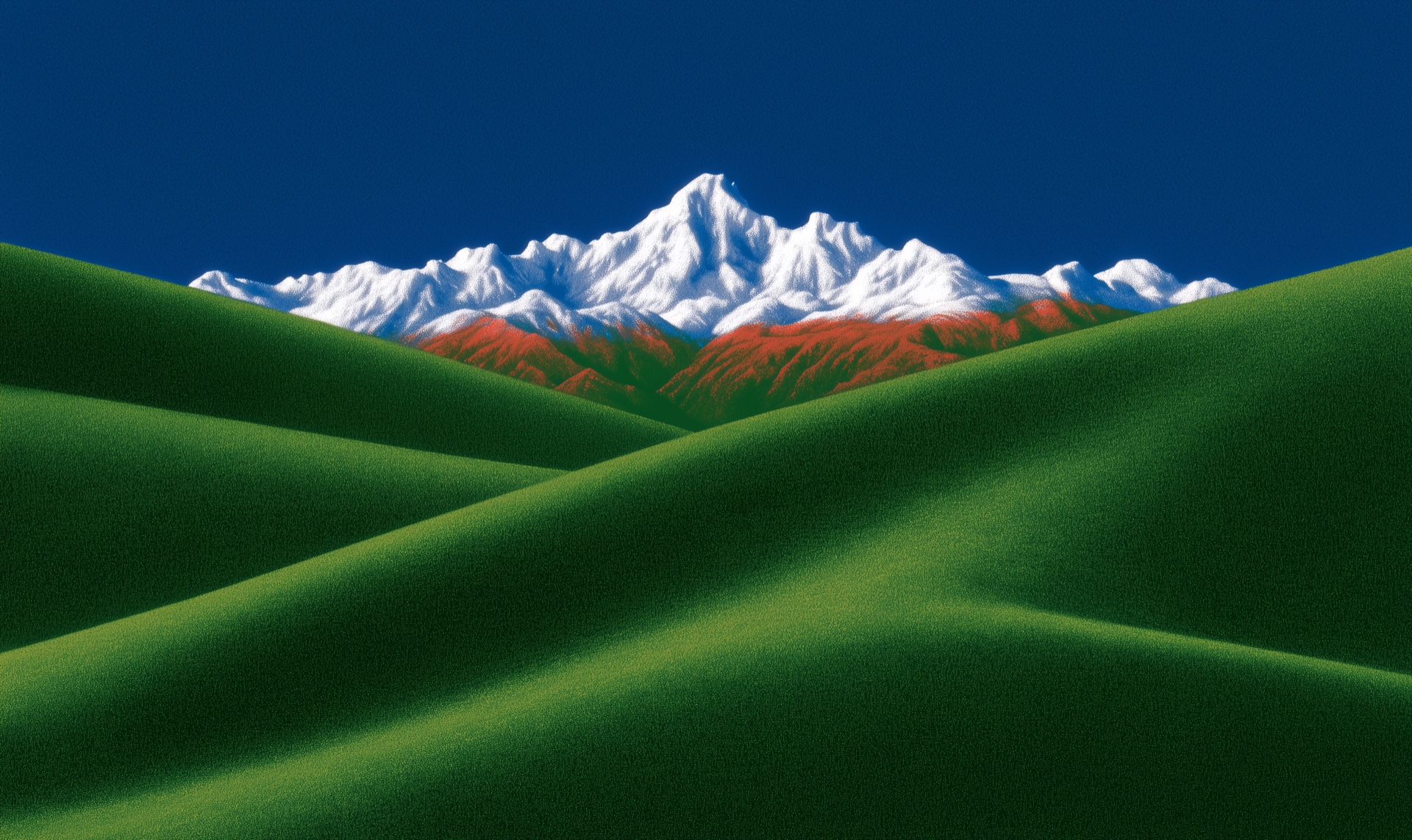 Grainy illustrated landscape: green hills below a snow-capped mountain range and deep blue sky